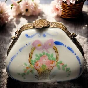 Authentic Limoges Purse Shaped Floral Basket Trinket Box, Ring Box, Pillbox